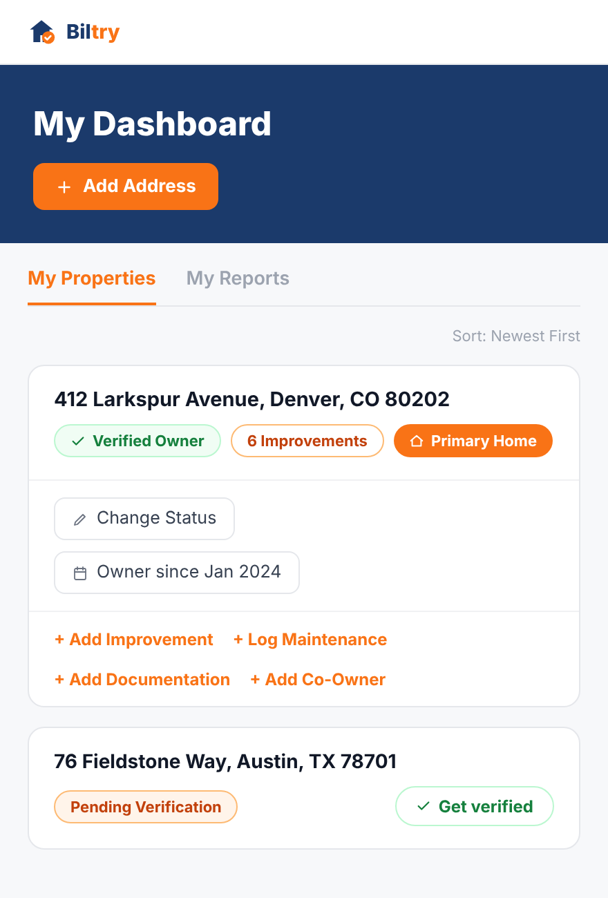 My Dashboard showing properties